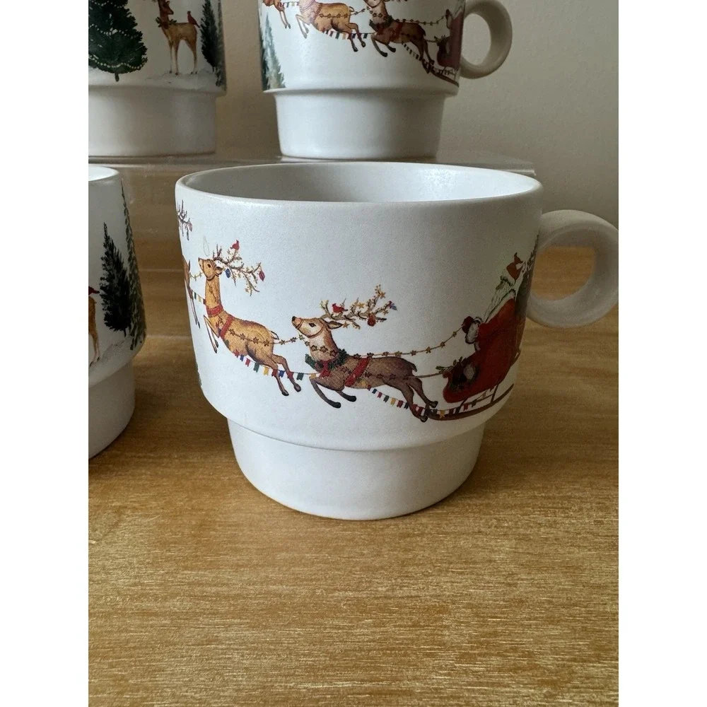 2023 Pottery Barn Christmas in the Country Stacking 4Mugs Holiday Stoneware